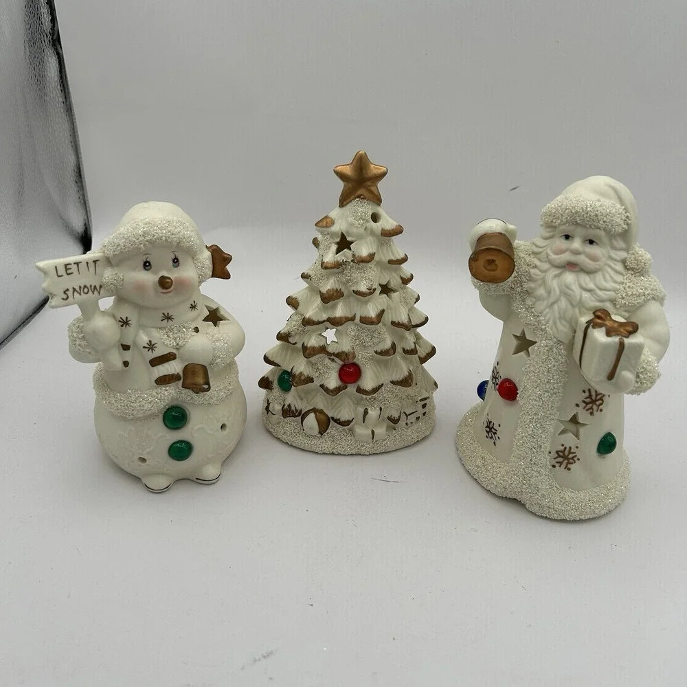 Santa Christmas Tree & Snowman White Porcelain Votive Set‎ w/ Plastic Jewels